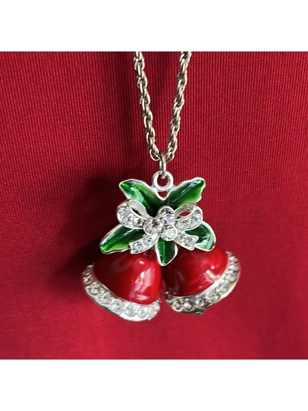 Holiday Red Jingle Bells with Holly Silver Tone Pendant Necklace